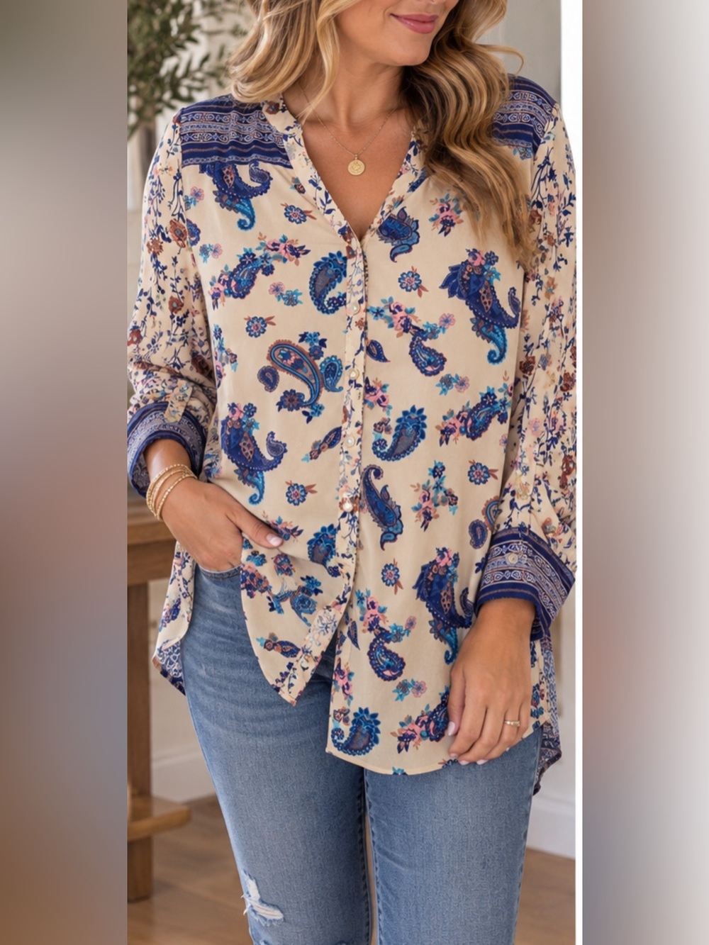 Fig & Flower Boho Paisley Floral Button Up Tunic Blouse-Roll Tab Sleeve-Size Lg